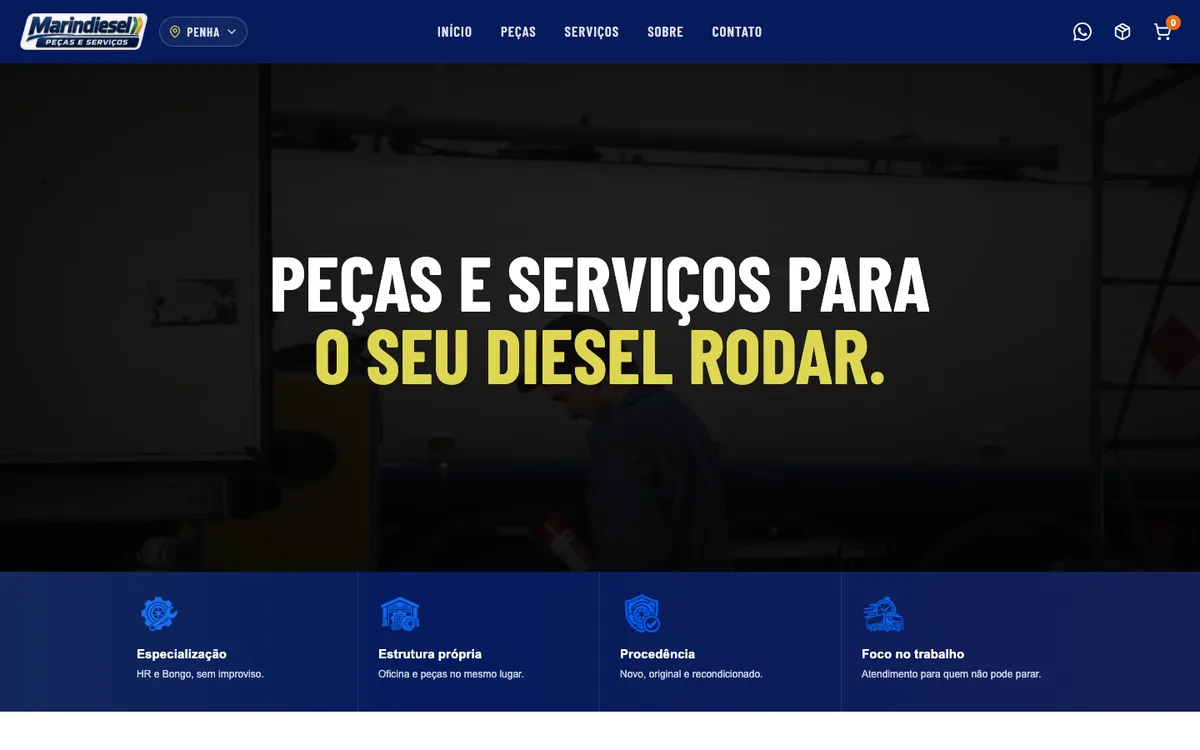 Página inicial do site da Marindiesel Peças e Serviços